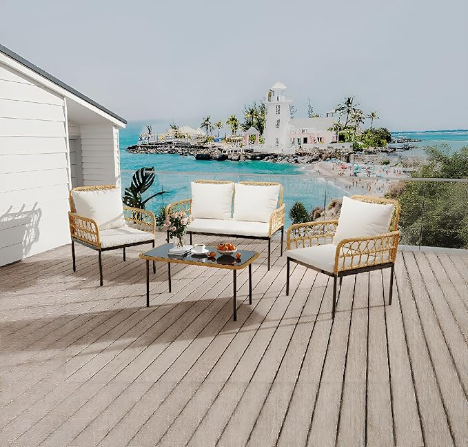 4 Pieces Patio Furniture Set Outdoor Wicker Rattan Bistro Set with Glass Table and Thick Cushions Boho Loveseat Chairs for Balcony Garden Backyard Poolside，Beige