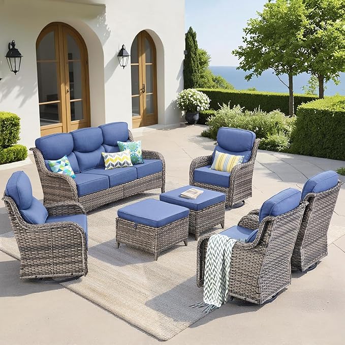 Luxury 7 Pieces Outdoor Patio Furniture Set-All Weather Wicker Outdoor Furniture with Swivel Rocker Patio Chairs 6-inch Extra Thick Cushions Wicker Conversation Set for Garden Porch(Grey/Blue)