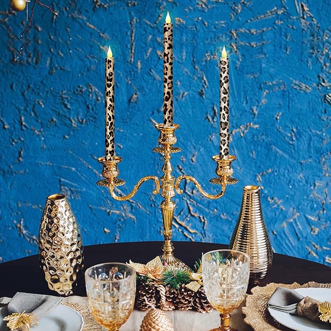 Honoson 6 Pcs Leopard Flameless Taper Candles 10.6 Inch Wild Safari Cheetah Print Candles Battery Operated LED Candlesticks for Animal Theme Jungle Birthday Party Dinner Table Home Bathroom Decor