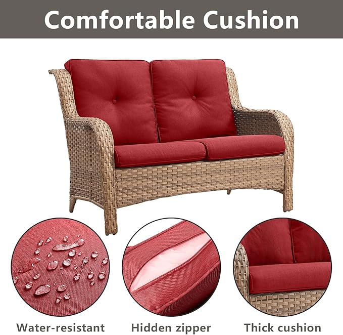 Outdoor Wicker Patio Furniture Set - 6 Piece Rattan Patio Conversation Set with 2 Rocking Swivel Chairs,2 Ottomans,1 Loveseat and 1 Coffee Table for Porch Deck Backyard Garden(Yellow/Red)