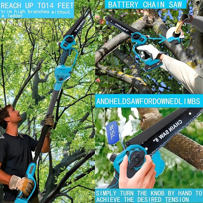4-in-1 Cordless Pole Saw & Electric Pruning Shears, 8-inch Mini Chainsaw, Pole Pruner, Brushless Motor,