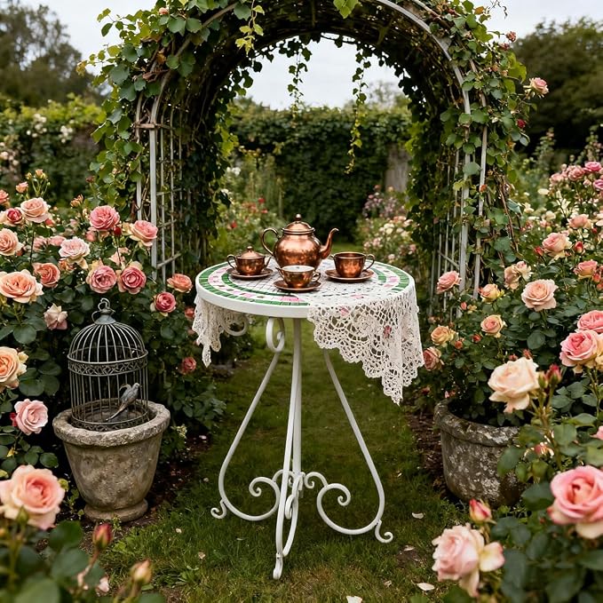 Vintage Outdoor Side Table Round Mosaic Ceramic Tile Top 14" Diameter Metal Plant Stand for Flower Pots Vase Garden Home Porch Pool Indoor Decor Weather Resistant Outside Patio Accent End Furniture