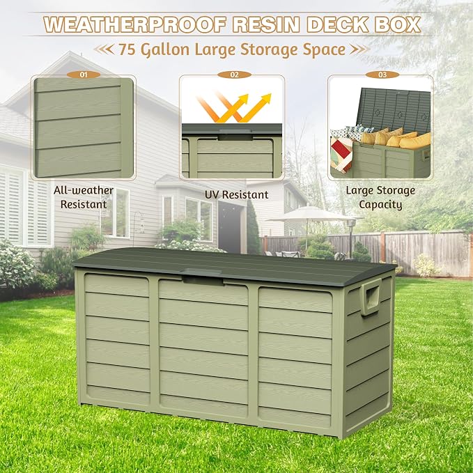 SUNCROWN 75 Gallon Deck Storage Box Resin Outdoor Storage Container with Handles for Patio Garden Yard Porch, Green