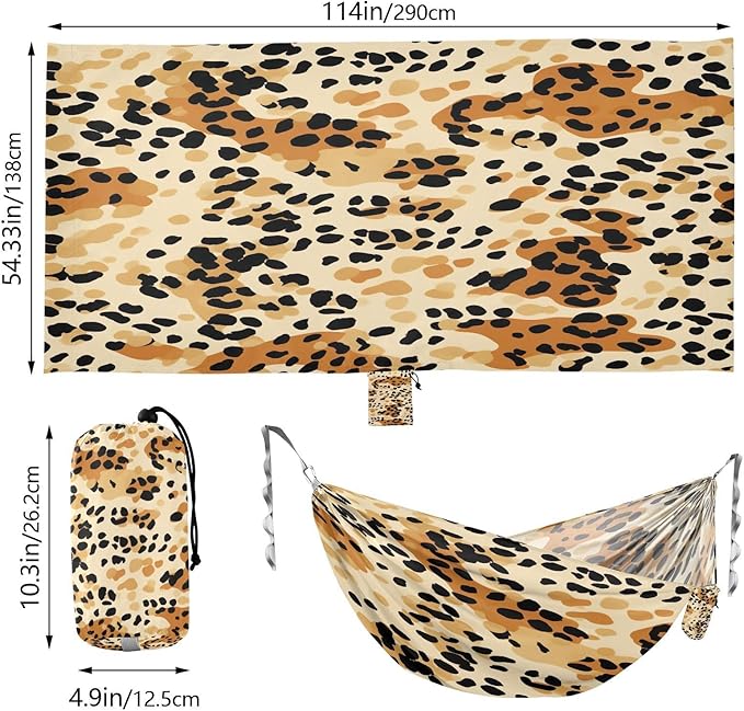 Qilmy Leopard Print Camping Hammock Single – 330 lbs Capacity, Lightweight with Tree Straps & Carabiners, Portable for Hiking, Travel, Backpacking