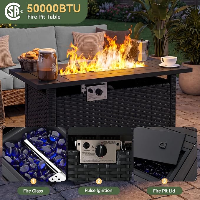Aoxun 10-Piece Patio Furniture Set with 44” Fire Pit Table, Widen Armrests Wicker Rattan Outdoor Sectional Sofa with Swivel Chairs, Outdoor Patio Furniture Set with Thick Cushions & Ottoman, Grey