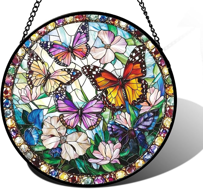 DASTOLL Stained Glass Window Hanging, Colorful Butterfly Suncatcher for Doors Home Sun Catchers Decoration and Christmas, Mother's Day Birthday Gifts for Women, Men, and Mom 6.3 in