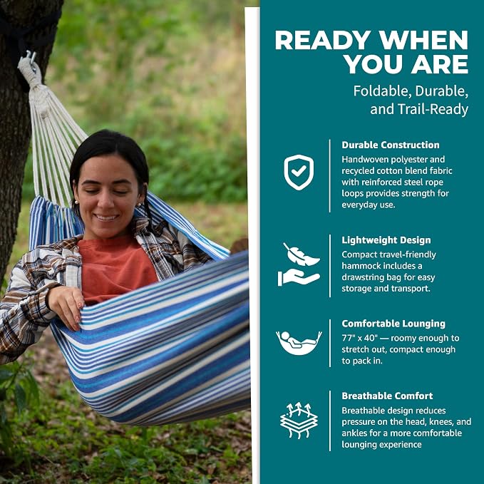 Bliss Hammocks BH-400-SC 40" Wide Hammock w/Hand-Woven Rope Loops & Hanging Hardware, Outdoor, Patio, Backyard Durable, Cotton and Polyester Blend, 220 Lbs Capacity, Sail Cloth