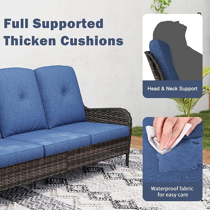 Kinsuite 7 PCS Patio Furniture Set, Outdoor Conversation Sets with Swivel Chairs & Ottomans, All-Weather Wicker Sectional Sofa with Thicken Cushions for Garden, Lawn, Deck, Backyard, Blue