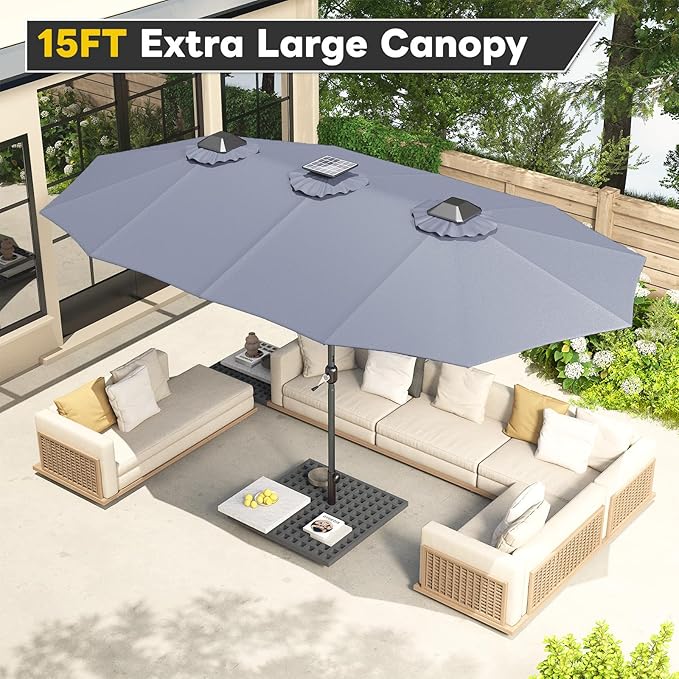 AECOJOY 15ft Patio Umbrella with Solar Lights, Outdoor Large Patio Umbrella with Crank Handle and 156 PCS LED Lights, Rectangular Market Umbrella for Backyard Deck Pool in Grey(1.9" Pole)