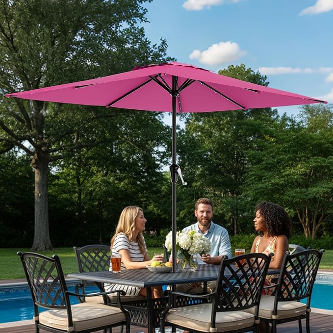 AreShark 8' X 10' Rectangular Patio Umbrella with Solar Lights, Lighted Solar Umbrella with Crank, Outdoor Table Umbrella for Garden, Deck, Backyard, Pool and Beach, Rose Pink