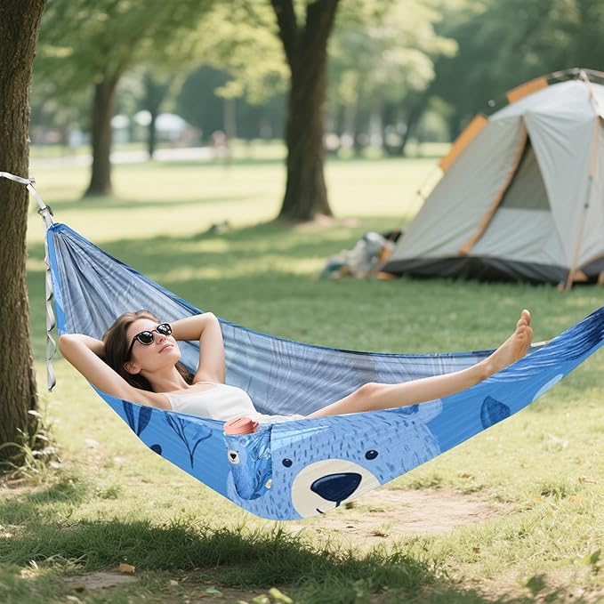 Cartoon Cute Blue Bear 330lb Capacity Camping Hammocks with Portabl Carry Bag Hanging Hammock for Outside Camping Essentials Base de hamaca para adultos