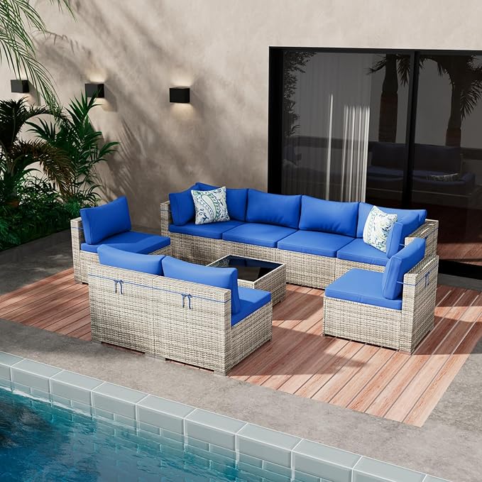 9 Piece Patio Furniture Set, Outdoor Wicker Patio Sofa Set, PE Rattan Sectional Couch with Glass Table and Blue Cushions, All-Weather 9 Piece Outdoor Patio Furniture Sets, Grey