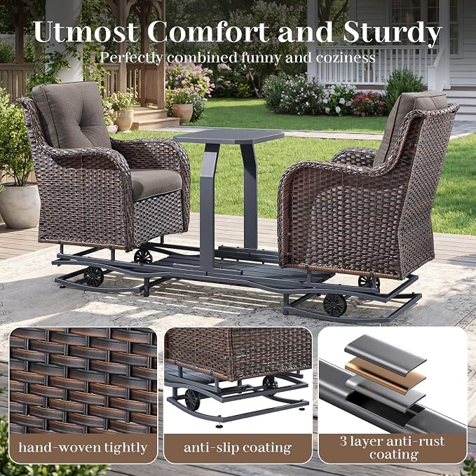 Rilyson Luxury Wicker Outdoor Conversation Set with Glider Rocker Chairs, 4 Pieces Patio Furniture Set with Rattan Swivel Rocker Chairs and Coffee Table All Weather Brown/Grey