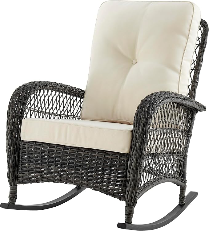 Manhattan Comfort Fruttuo Outdoor Rocking Chair with Removable Waterproof Cushions, Made of Steel Rattan, Weather-Resistant Patio Rocker with Curved Edge and Sturdy Steel Frame, Cream