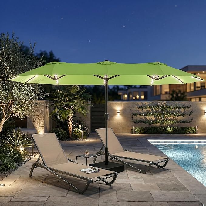 15FT Large Outdoor Patio Umbrella with Solar Lights and Base, Double-Sided Table Umbrellas with 48 LED Lights, Rectangle Market Umbrella for Pool, Deck, Backyard