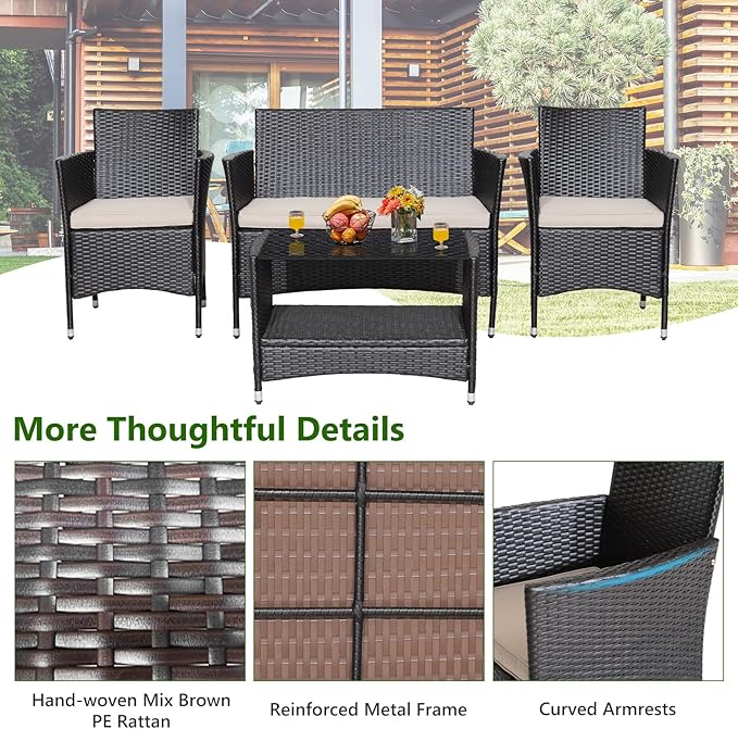 HAPPYGRILL 4 Pieces Rattan Patio Furniture Set, Mix Brown Wicker Sofa Set with Soft Seat Cushions, 2-Tier Tempered Glass Coffee Table, Outdoor Rattan Conversation Set for Backyard Poolside