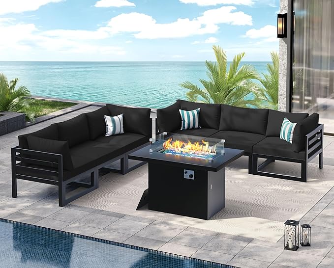 NICESOUL 7 Piece Modern Aluminum Patio Furniture Set with Fire Pit Table, 500 lbs Heavy Duty Outdoor Sectional Sofa, 29" Deep and Wide Big Seats, L Shaped Modular Conversation Couch for Deck, Black