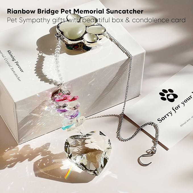 Dog Memorial Gifts, Pet Memorial Suncatcher, Loss of Dog Sympathy Gift | Thoughtful Dogs and Cats Bereavement Remembrance Gifts, Natural Cat's Eye Stone Paw Crystal Suncatcher