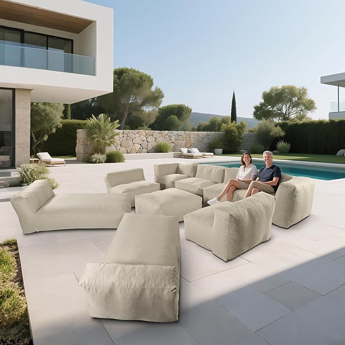 Patio Furniture Set, Outdoor Conversation Set with Bean Bag Middle Chairs, Corner Chair, Ottomans, Modern Foam Couch Set for Garden, Deck, Balcony (9, Light Beige)