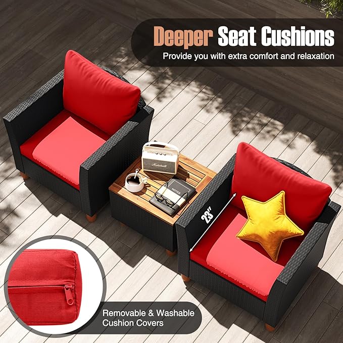HAPPYGRILL 3 Pieces Patio Conversation Set with Storage Coffee Table, PE Rattan Wicker Furniture Set with Cushions, Outdoor Acacia Wood Sofa Furniture Set for Balcony Backyard Porch Garden