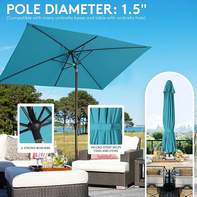 JEAREY 6.5x10ft Olefin Rectangular Patio Umbrella, Rectangle Outdoor Umbrellas with Auto Tilt Crank System, Market Table Umbrella UV Protection Fade-Resistant for Pool Deck Garden Yard, Lake Blue