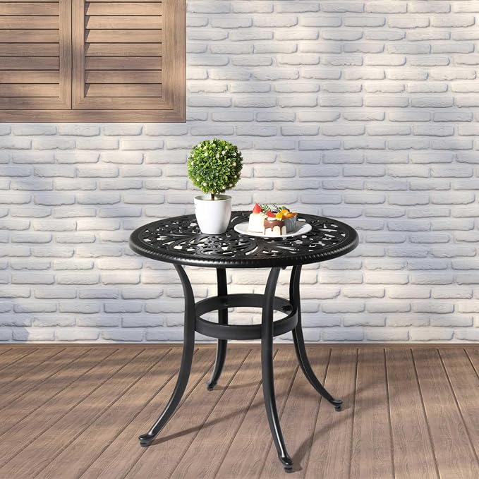 Outdoor Round Side Table with Classical Floral Design, 23.6” Aluminum Round Patio Table for Indoor & Outdoor Use, (Black)
