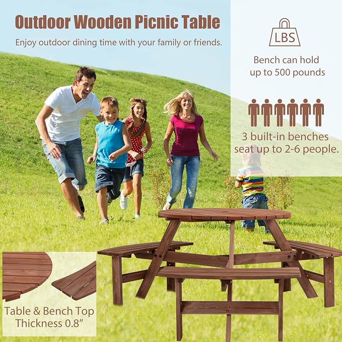 HRVEOCEI 8-Person Round Picnic Table with 4 Built-in Benches & Umbrella Hole, Wooden Picnic Tables for Outdoors, Patio, Backyard, Garden, 66.92"X66.92"X27.55, 2220lb Capacity (Round, Brown, 6-Person)