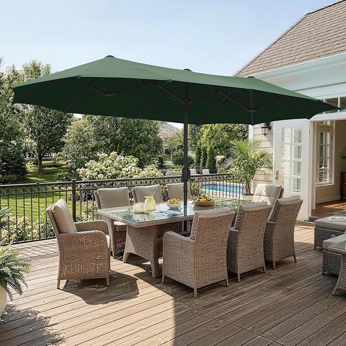 13 ft Patio Umbrella, Large Rectangle Outdoor Umbrella with Strap, Crank, Green