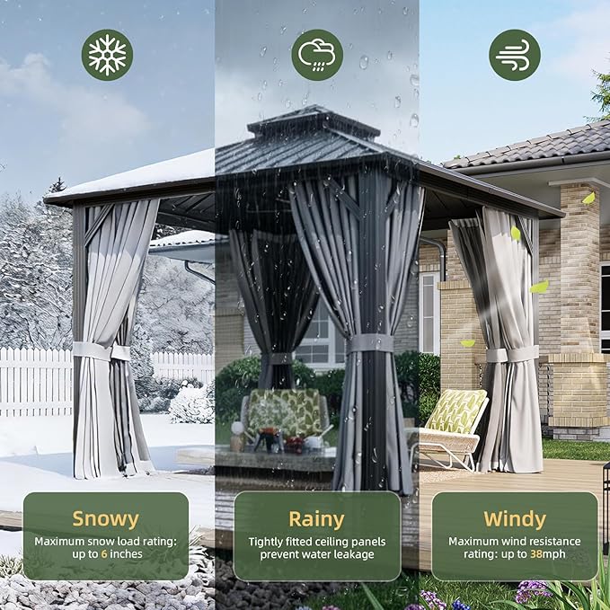 Aoxun 10’x10’ Hardtop Gazebo, Permanent Metal Pavilion with Galvanized Steel Double Roof, Outdoor Pergola with Nettings and Curtains for Lawn, Garden, Patio (Gray)