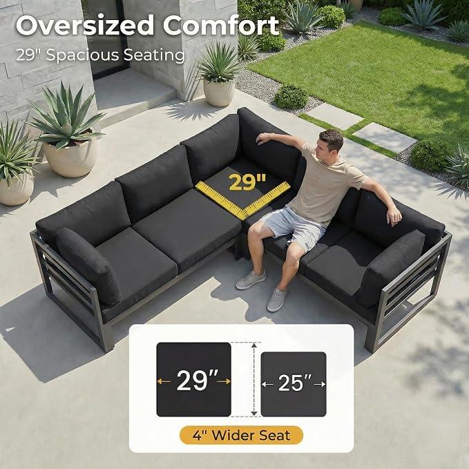 RADIATA 11 Pcs Extra Large Modern Aluminum Outdoor Furniture Set with Lounger & Fire Pit Table, 29 inch Deep Wide Couch Set, 500 lbs Heavy Duty Comfortable Patio Sectional Sofa for Edge of Pool, Black