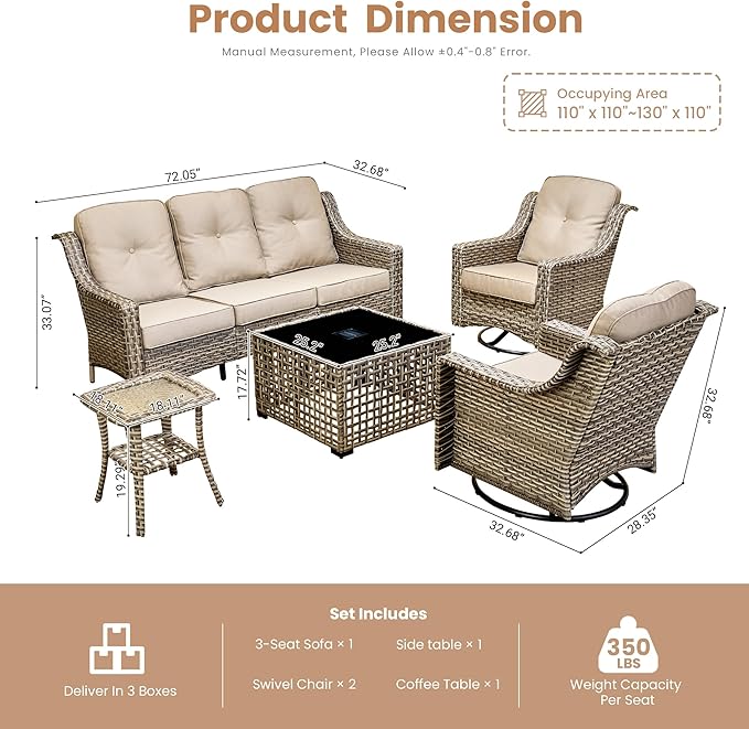HOOOWOOO Patio Furniture Set,5 Pieces Wicker Outdoor Furniture,High Back Conversation Set with All Weather Resistant Solar Light Table Couch Swivel Chairs,Beige Tan