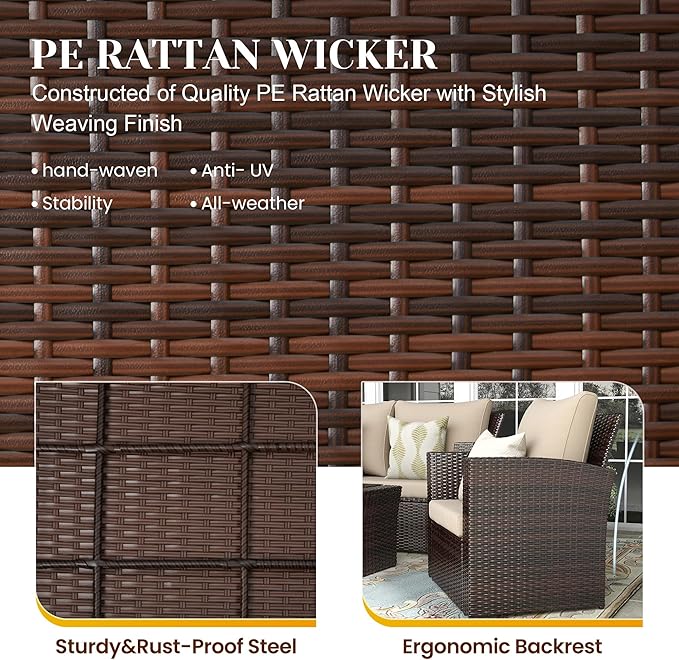 4-Piece Outdoor Patio Furniture Set, All Weather Wicker Rattan Sectional Sofa Conversation Seating Set with Cushions & Large Glass Coffee Table, Ideal for Garden Backyard Porch, Beige