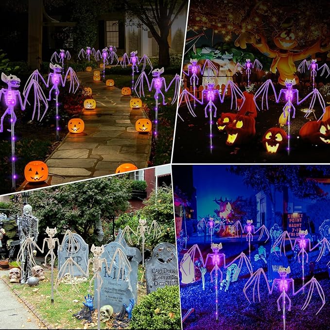 Halloween Decorations Outdoor Solar Garden Lights,2PCS of Set 3D Scary Bat Realistic Skeleton Outside Decor,Solar Creepy Bats Path Lights for Grave/Yard/House/Halloween Party Gifts Decor Purple