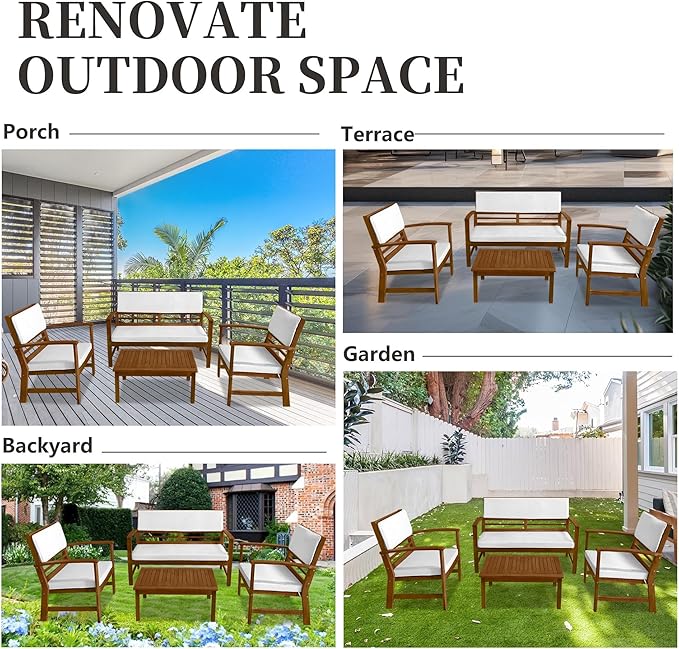 PayLessHere 4-Piece Acacia Wood Patio Furniture Set Modern Conversation Set Outdoor Bistro Table and Chairs for Backyard, Balcony, Deck, or Indoor Use (Nature)