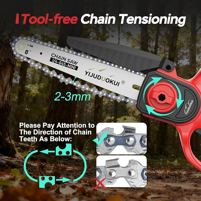Mini Chainsaw Cordless 8inch, Portable Electric Chainsaw With Batteries,Small Handheld Battery Powered Chain Saw for Tree Trimming, Wood Cutting, Garden Pruning-Red