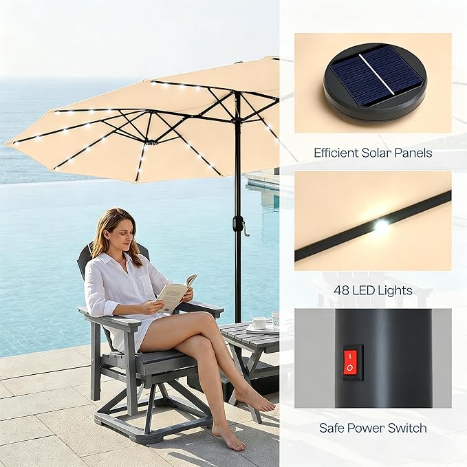 15ft Large Patio Umbrella with Solar Lights and Base, Double-Sided Outdoor Rectangle Umbrella with 48 LED Lights, Market Table Umbrellas with UV Resistant Canopy