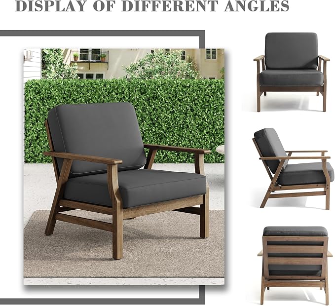 3 Piece Wood Outdoor Chairs Patio Bistro Set, Outdoor Armchair All Weather Patio Sofa Furniture Backyard Conversation Sets with Wooden Side Table - Dark Gray