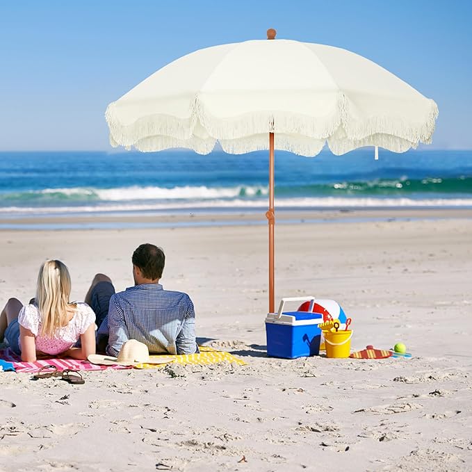 MFSTUDIO 7ft Patio Beach Umbrella with Fringe, Tassel Umbrellas UPF50+ with Sand Anchor & Tilt Button, Holiday Outdoor Umbrella with Carry Bag, Ideal for Garden Lawn Poolside, Ivory