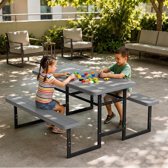 VINGLI Outdoor Picnic Table with Storage Shelf & Umbrella Hole, 4.5FT All Weather Metal Frame HDPE Tabletop Plastic Picnic Table for Dining Party Garden(Grey)