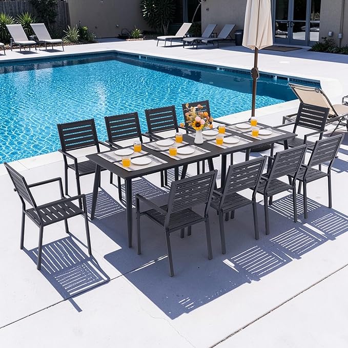 12-Piece Outdoor Dining Set - Two 47.25" HDPE Patio Tables and 10 Stackable Armrest Chairs - All-Weather Rust-Proof Steel Frame for Garden, Deck(Black)