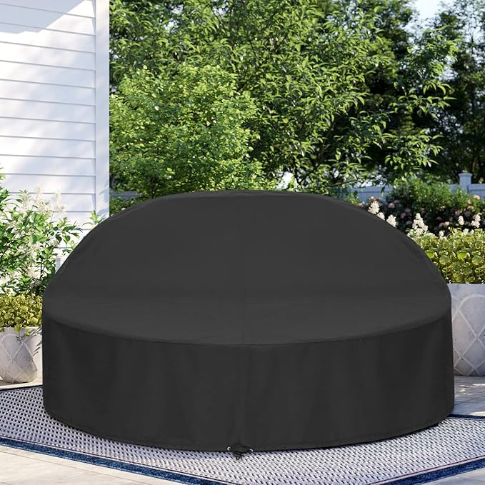SunPatio Outdoor Daybed Cover Waterproof 88 Inch, Round Daybed Protector Patio Canopy Sofa Cover with Taped Seam and Air Vent, 88" L x 85" W x 16"/35" H, All Weather Protection, Black