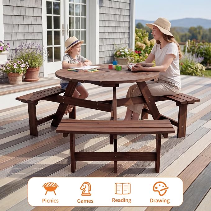 Garvee 6 Person Wooden Picnic Table, Outdoor Picnic Tables with 3 Built-in Benches, Circular Camping Dining Table and Chairs Set with Umbrella Hole for Garden, Patio, Backyard, Walnut Brown