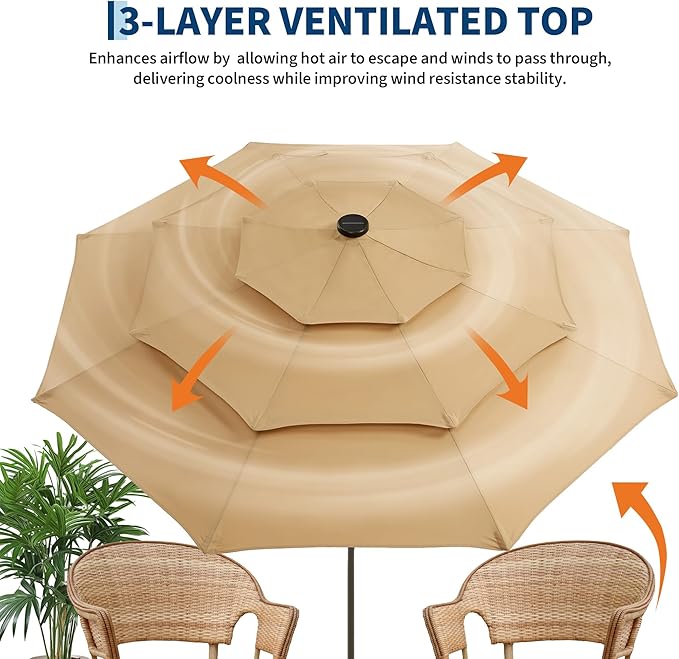 Garvee 9ft 10ft Patio Umbrella with Solar Lights, 3-Tier Umbrella Outdoor Patio with LED Lights, Ventilation, Easy Crank & Tilt, 8 Sturdy Ribs, UV Protection, Large Patio Umbrella for Deck, Pool