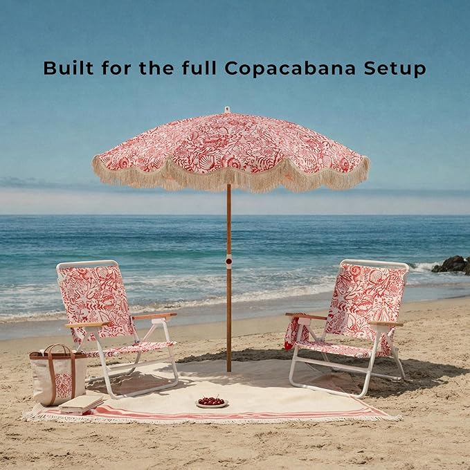 6FT Fringe Beach Umbrella for Sand, Boho Coastal Patio Umbrella with Tassels, UPF 50+ Sun Protection, Tilt, Carry Bag for Beach Vacation & Pool, Reef Crimson