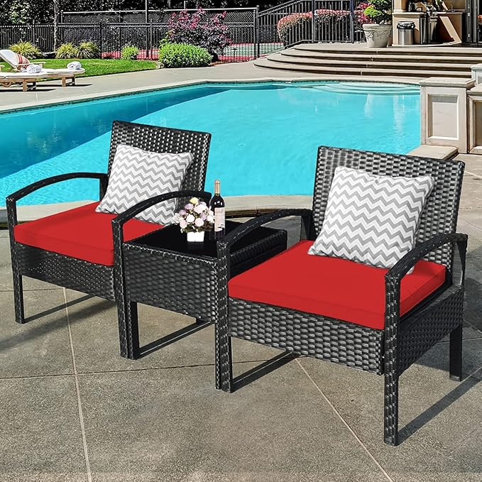 Tangkula 3 PCS Patio Conversation Set, Outdoor Rattan Sofa Set with Seat Cushions & Coffee Table, Patio Wicker Furniture Set for Garden Balcony Backyard Poolside (Red)