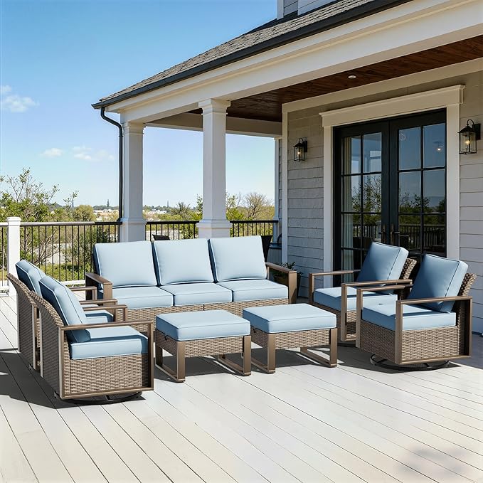 7 Pieces Metal Wicker Patio Furniture Set - 75" Sofa, Four Swivel Chairs and Two Ottomans, All Weather Rattan Outdoor Conversation Furniture with Washable Cushion for Deck Porch, Baby Blue