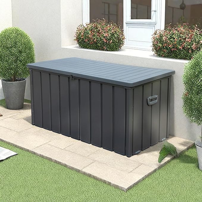 ChicFurnit Outdoor Storage Box, 100 Gallon Deck Box with Lockable Resin Lid & Portable Side Handles, Outdoor Storage Bin with Stable Support Rod, Soft Close Mechanism & Mobility Rollers, Dark Gray