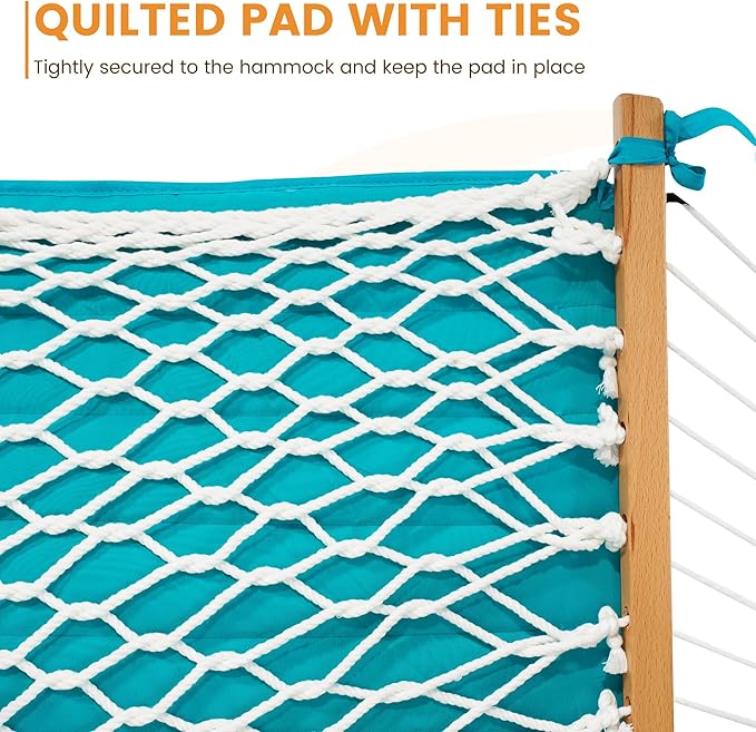 Lazy Daze Hammocks Rope Hammock with Pad, Spreader Bar, Carabiners, Tree Straps, Chains for Outside Patio- Max 450 Lbs, Turquoise Blue Stripes