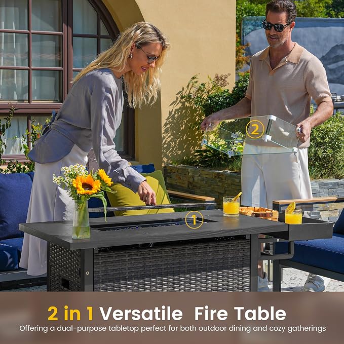Sundale Outdoor Aluminum Patio Furniture Set, 4 Piece Outdoor Conversation Sets with Fire Pit, Ottoman and Washable Thick Cushions, All Weather Outdoor Sectional Set for Deck, Lawn (Navy Blue)