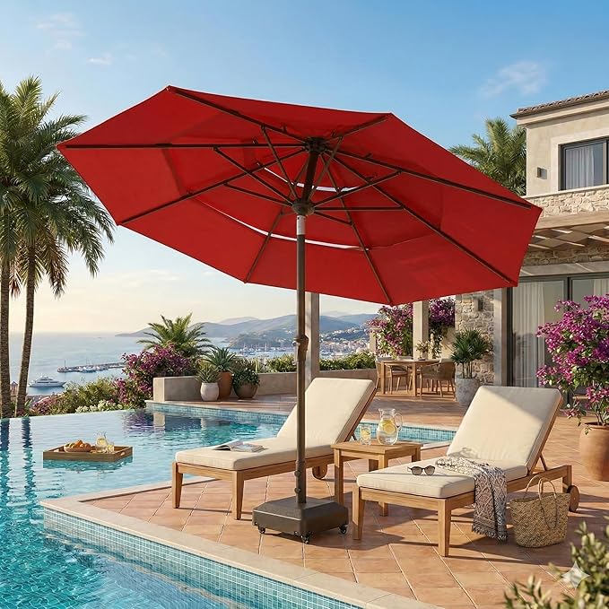 10ft Patio Umbrella, 3 Tier Outdoor Market Table Umbrellas with 8 Fiberglass Ribs and Push Button Tilt, Windproof, Vented Canopy, UV Protection for Deck, Pool, Backyard